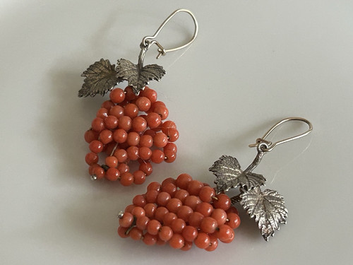 Antique Victorian Natural Salmon Red Coral Grape Earrings 925 Silver W/ 14k Gold