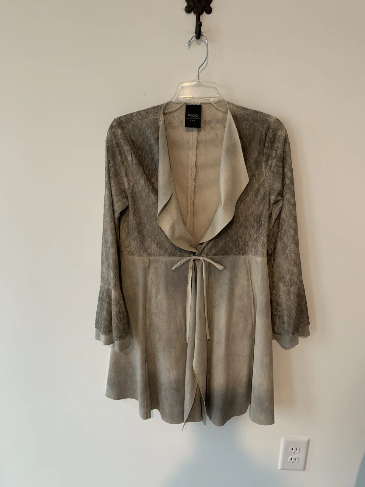 Vocal Tie Front Jacket Size Small Tan Faux Suede& Lace Long