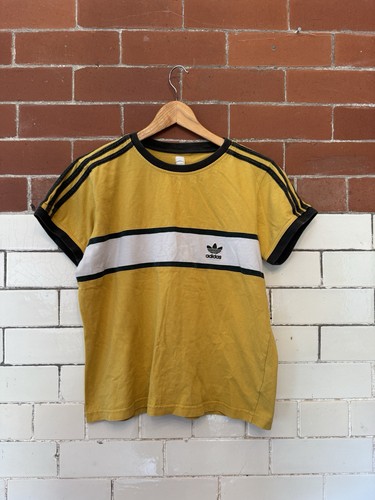 Vintage Yellow Adidas Striped T-shirt, Women’s Medium, 100% Cotton