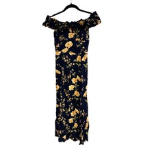 Reformation Izabel Midi Dress Bernadette Floral Navy Blue Gold Off Shoulder 2