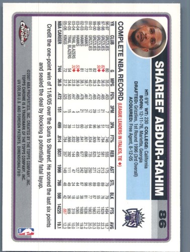 2006-07 Topps Chrome Sacramento Kings Shareef Abdur-Rahim #86 - Bild 2 von 2