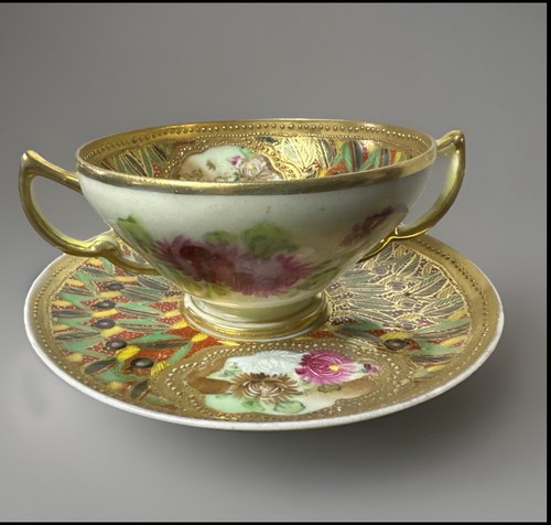 Antique Nippon Gilt Floral Peacock Buillion & Saucer Kintsugi Small Repaired Rim - Picture 9 of 14