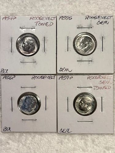 4 GEM Uncirculated Roosevelt Silver Dimes 1-1954P, 1-1955S, 1-1956P and 1-1959P.
