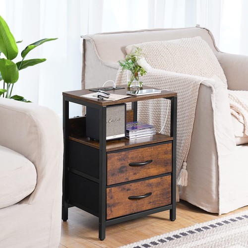 Nightstand with Charging Station, Small Night Stand with Fabric Drawers and S... - Picture 2 of 8