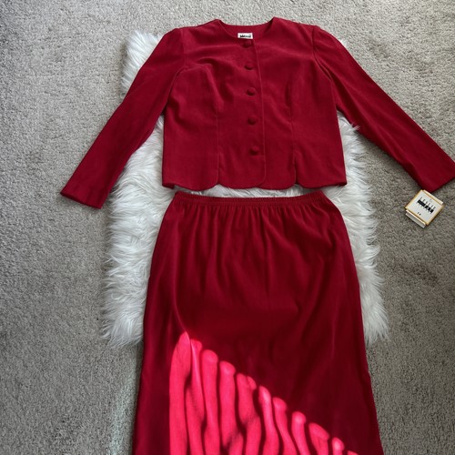 Vintage Leslie Fay Rock Set Top Bluse Knopfleiste roter Rock Gr. 14 Neu mit Etikett - Bild 2 von 14