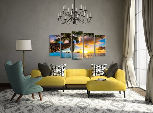 5 Panel Canvas Wall Art Tropical Beach Sunset Palm Tree Ocean Landscape 50x24 - Picture 3 of 4