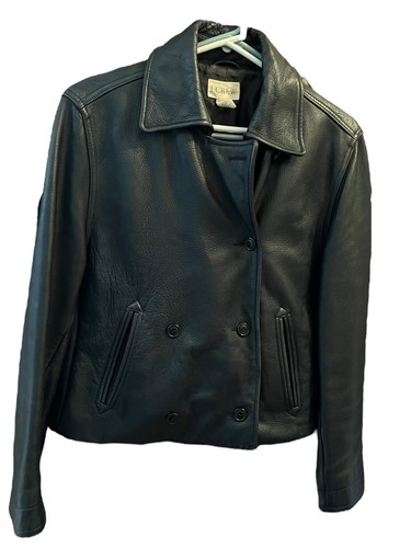 1990s black J CREW leather jacket S cowhide PEACOAT Biker Rare!  Flaws READ - Picture 3 of 23