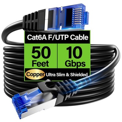 Cat6A Ethernet Cable Shielded 10Gbps 50 ft, Slim Shielded (F/UTP) Ethernet Cable