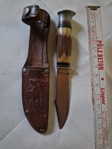 altes Jagdmesser, Rostfrei, mit vermutlich Hirschhorngriff und Lederscheide - Bild 4 von 7