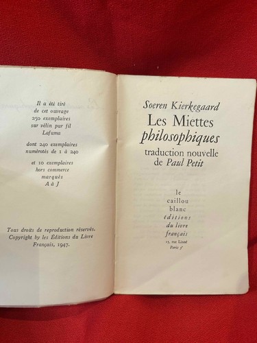 KIERKEGAARD (Soeren) - Les Miettes philosophiques. Livre Français, 1947, broché. - Imagen 3 de 5
