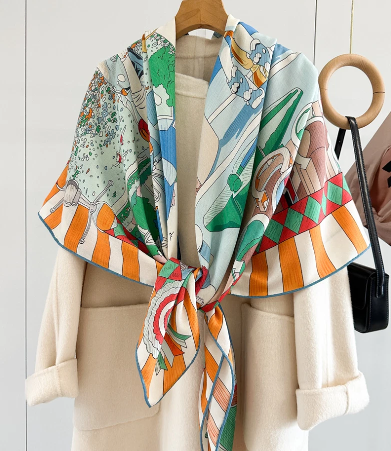 70% Cashmere 30% Silk Neckerchief Double Face Scarf Wrap 53'' Striped lace Print - Изображение 2 из 4