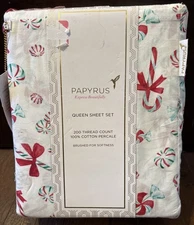 PAPYRUS Christmas Candy Cane Queen Sheet Set 100% Cotton 200 Thread Percale New