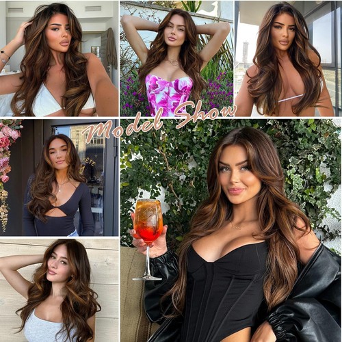 Long Layered Wigs for Women, Brown Highlights Wavy Wigs, Long Brown Wavy Midd... - Picture 3 of 7