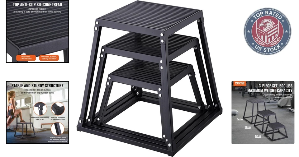 Vielseitiges plyometrisches Sprungbox-Set - 12/18/24 Zoll Stahlplattform für Home Gym - Bild 2 von 4