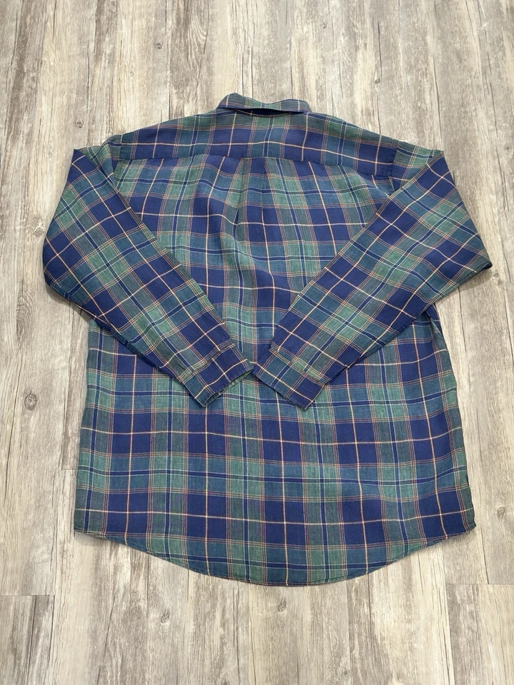 Vintage J Crew Oarsman 100% Linen Shirt Men Large - Tall Plaid Blue Green - Image 2 of 4