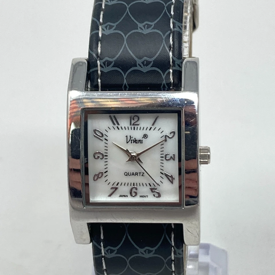 Vivani Watch Women 25mm Silver Tone MOP Dial Black Heart Band New Battery 8" - Image 2 of 4