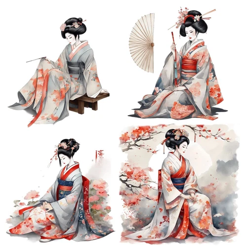 Japanese Geisha Watercolor Digital Download Clipart PNG Printable Geisha Art - 第 9 张/共 10 张