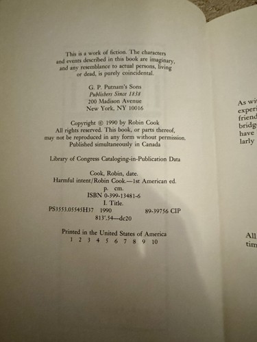 Harmful Intent Robin Cook (Hardcover, 1990) First Edition - Picture 4 of 4