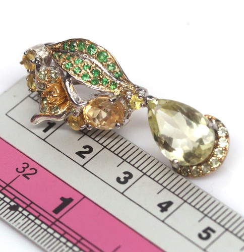 10X15mm. Lemon-Quartz Citrine Sapphire Tsavorite Earrings Silver 925 Sterling - Picture 3 of 5