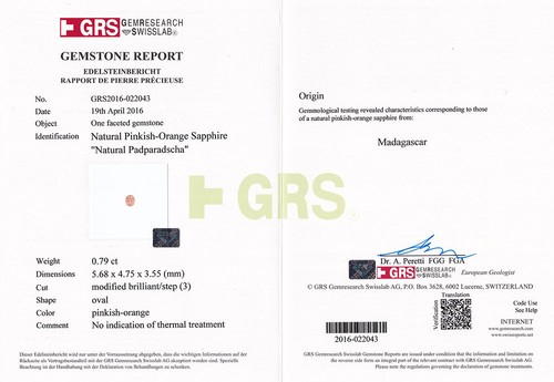 Zaffiro Padparadscha certificato GRS 0,79 Cts ovale naturale non trattato - Foto 4 di 4