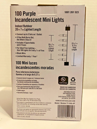 Home Accent Holiday 100 Count Purple Mini Light Set Black Wire Indoor/Outdoor - Picture 2 of 5