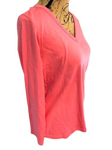 LANDS' END Top Pink Salmon 100% Cotton Solid Pattern Long Sleeve V Neck Size M/P - Picture 6 of 9