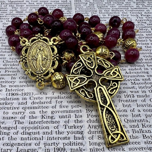 Handmade in Scotlad Celtic Cross Irish Rosary Beads Miraculous Medal Garnet Gold - Picture 11 of 20