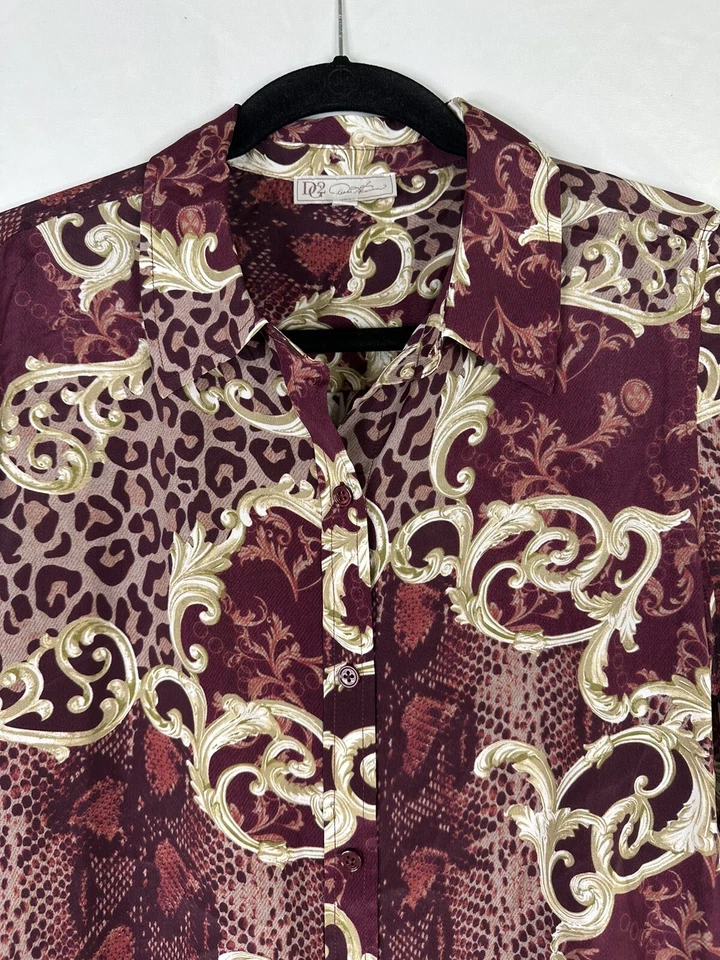 Top DG2 Diane Gilman para mujer talla M rojo dorado manga larga abotonada mezcla de seda Foto 4 de 4