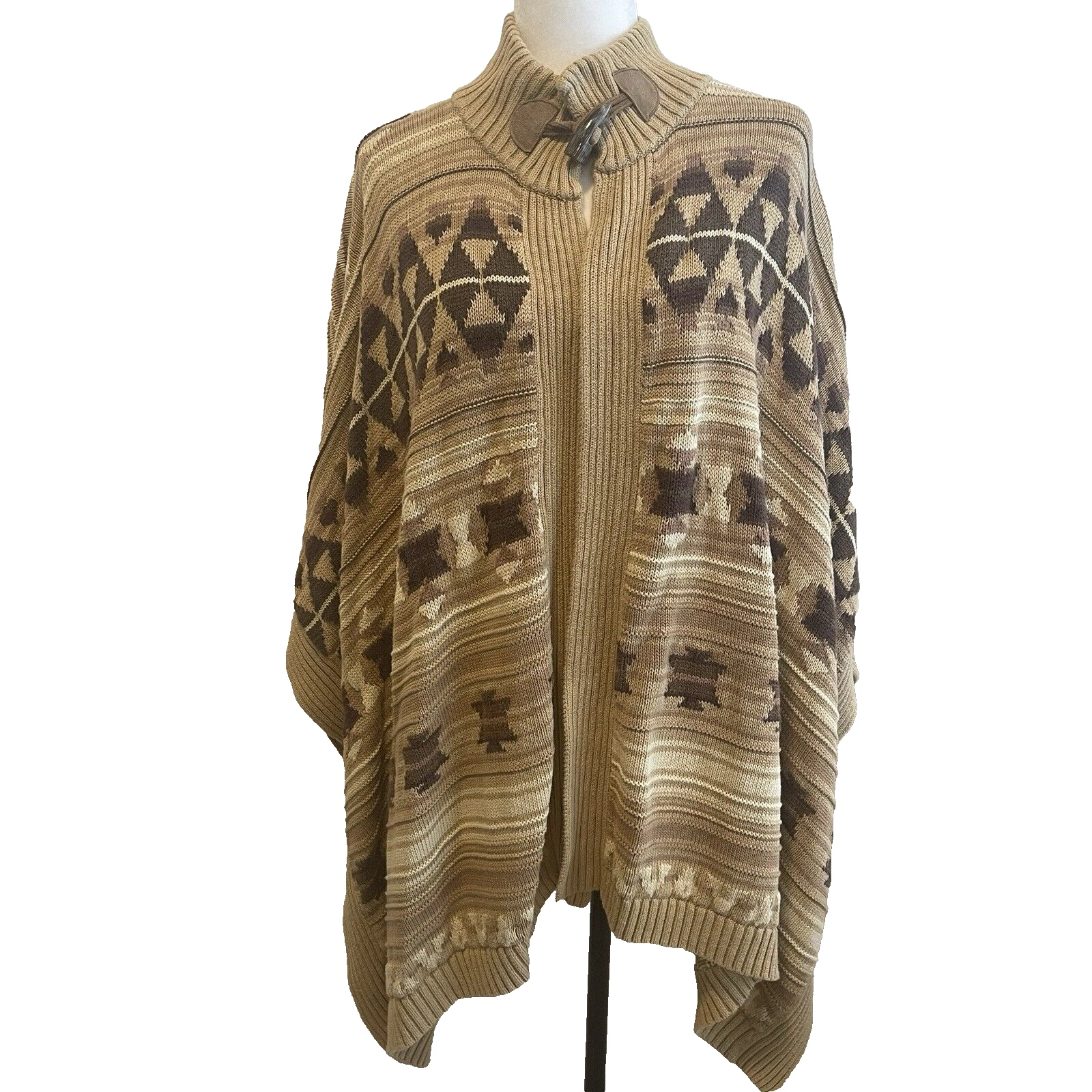 Ralph Lauren Womens Poncho S/M Brown Aztec Southwest Knit Riding Cape Sweater