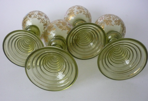 Antique Green Glass Gold & Enamel Flower Decorated Hock Wine Glasses X 4 - Picture 4 of 16