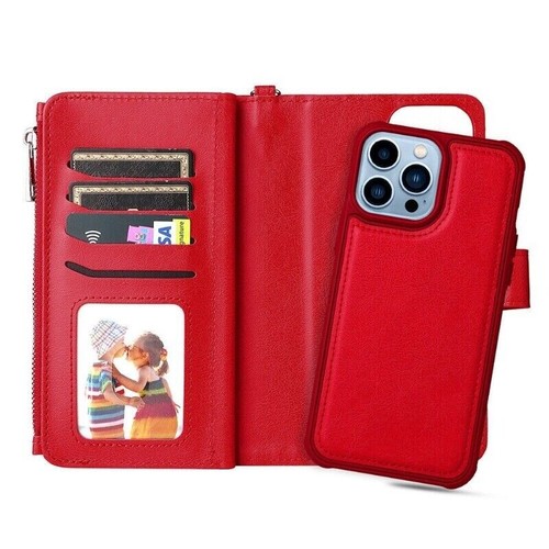 For iPhone 16e 15 14 13 12 11 Pro Max 8 Detachable Zip Leather Wallet Case Cover - Picture 44 of 91