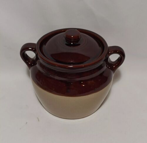Vintage Monmouth Pottery Bean Pot Drip Crock With Lid Two Tone Brown - Picture 2 of 4