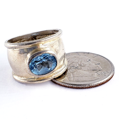 Vintage Sterling Silver Blue Topaz Wide Cigar Band Ring Size 6 Womens Boho 15MM - Picture 8 of 12