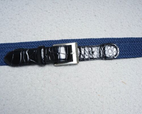 Mens Golf Belt Sz 50 Blue Braided Woven Nylon Stretch Black Leather Trim Silver - Picture 2 of 14