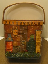 Mid Century Hand Painted Picnic Basket Style Purse PITTSBURGH Landmarks  