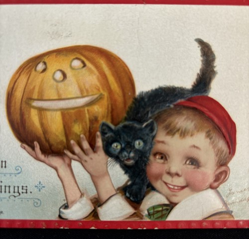 Vintage 1910 Halloween Postcard Frances Brundage Jack O Lantern Black Cat Boy - Picture 10 of 10