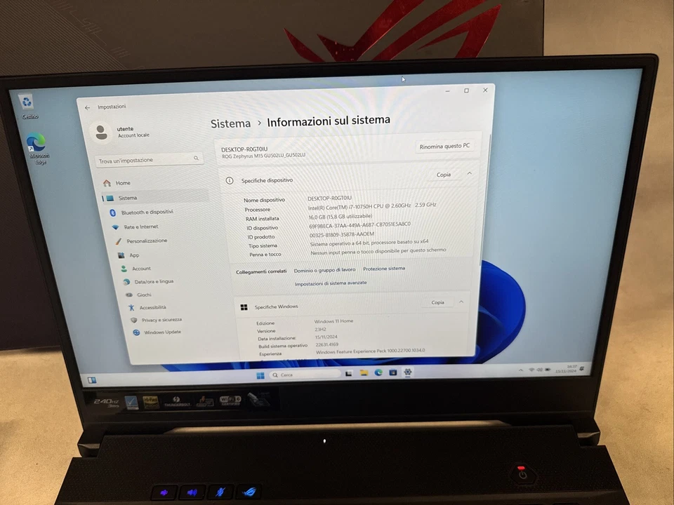 ASUS NOTEBOOK ROG ZEPHYRUS M15 I7-10750H 2,60GHz 16GB/512GB SSD GTX1660Ti-6GBD - Immagine 3 di 4