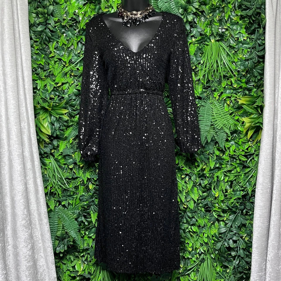 Vestido Betsey Johnson XS Negro Cóctel Fiesta Manga Larga Midi Lentejuelas 2848 Foto 2 de 4