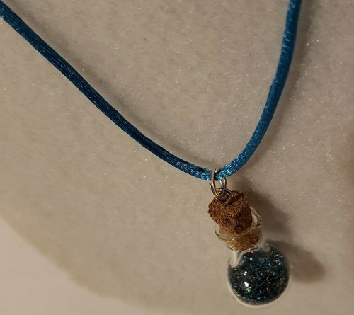 Blue, Pink, Green Fairy Dust Glass Bottle Necklace on Blue Satin Cord - Jewelry - Picture 4 of 6