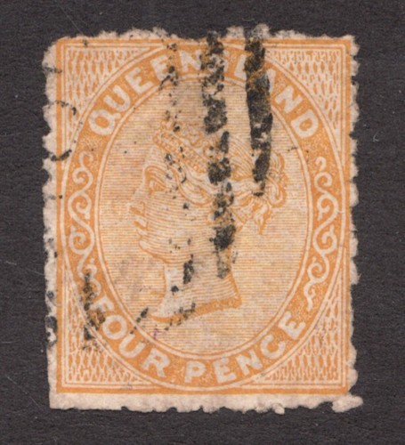 1878-81 Queensland, Australien Sc# 59, Four Pence, QV, orange gelb. Gebrauchter Cv 23€