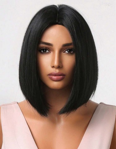 Perruque Courte Rose Et Noir Synthétique - Carré Lisse, Frange, Bonnet Réglable, Neuve