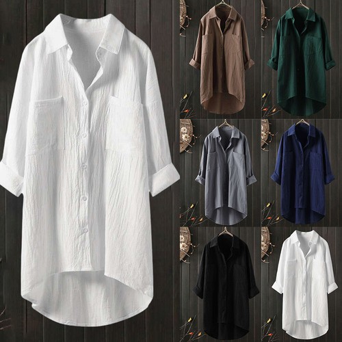 Damen Baumwolle Leinen Shirts Damen Sommer Freizeit Baggy Long Bluse Tops - Bild 1 von 23
