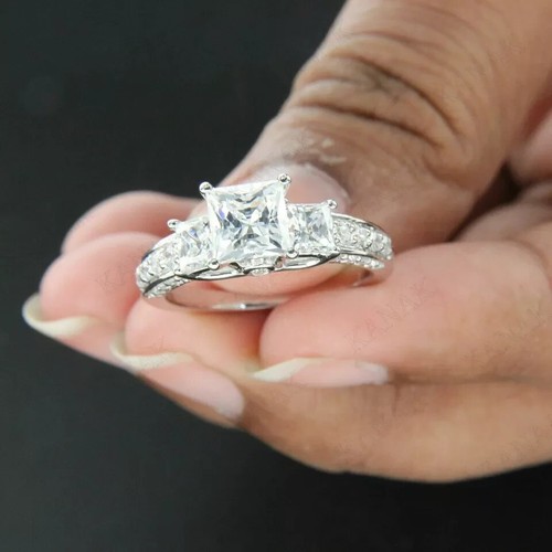 3 Ct Princess Cut Natural Moissanite 3-Stone Engagement Ring 925 Sterling Silver - Picture 4 of 8