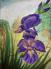 Iris and gold grass acrylic paintings on canvas original, signed by artist