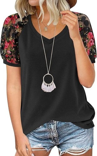 NWT Miholl Women's Sz XL Lace Sheer Sleeves V Neck Shirts Loose Casual Tops