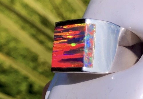 Men's 9.25  Vivid RED Black Fire Flaming Opal ring sterling silver 925 prototype - Picture 13 of 14