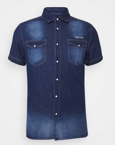 BNWT Schott NYC Short Sleeve Denim Shirt indigo L M Guaranteed Original - Picture 2 of 13