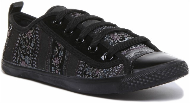 Womens Ladies Lace Up Embroidered Plimsoll Trainers In Black Size UK 3 - 8 EB11277 Womens Ladies Lace Up Embroidered Plimsoll Trainers In Black Size UK 3 - 8 EB11277