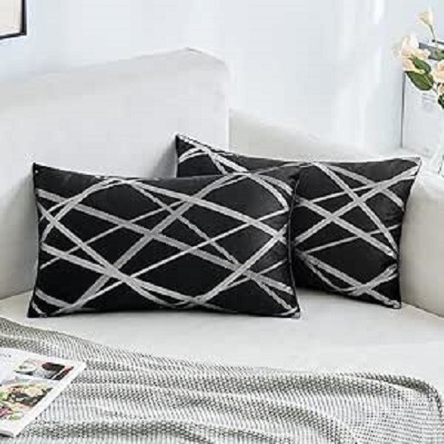 2 cushion covers pillowcases square 12x20 inch black silver geometric velvet P58 - Picture 1 of 5