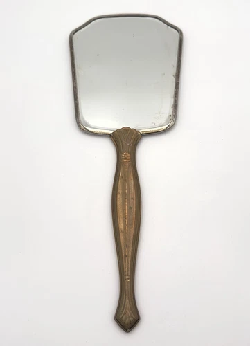 VINTAGE 40’s, 50’s ART DECO STYLE HAND HELD VANITY MIRROR BRASS HANDLE 13 1/4” L